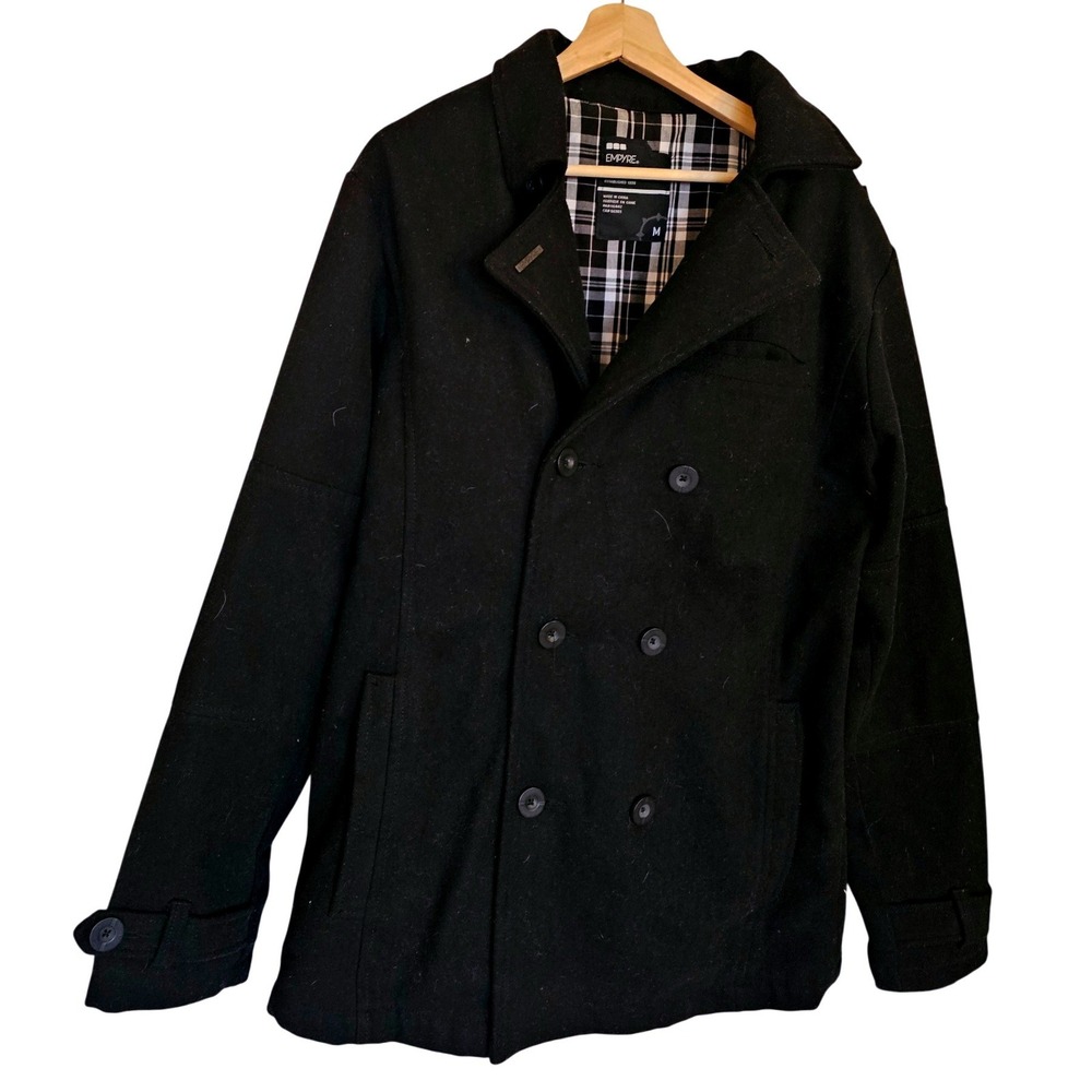 EMPYRE Mens Black‎ Double Breasted Wool Blend Peacoat Jacket Size Medium